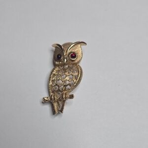 Gold Owl Brooch with Red Eyes